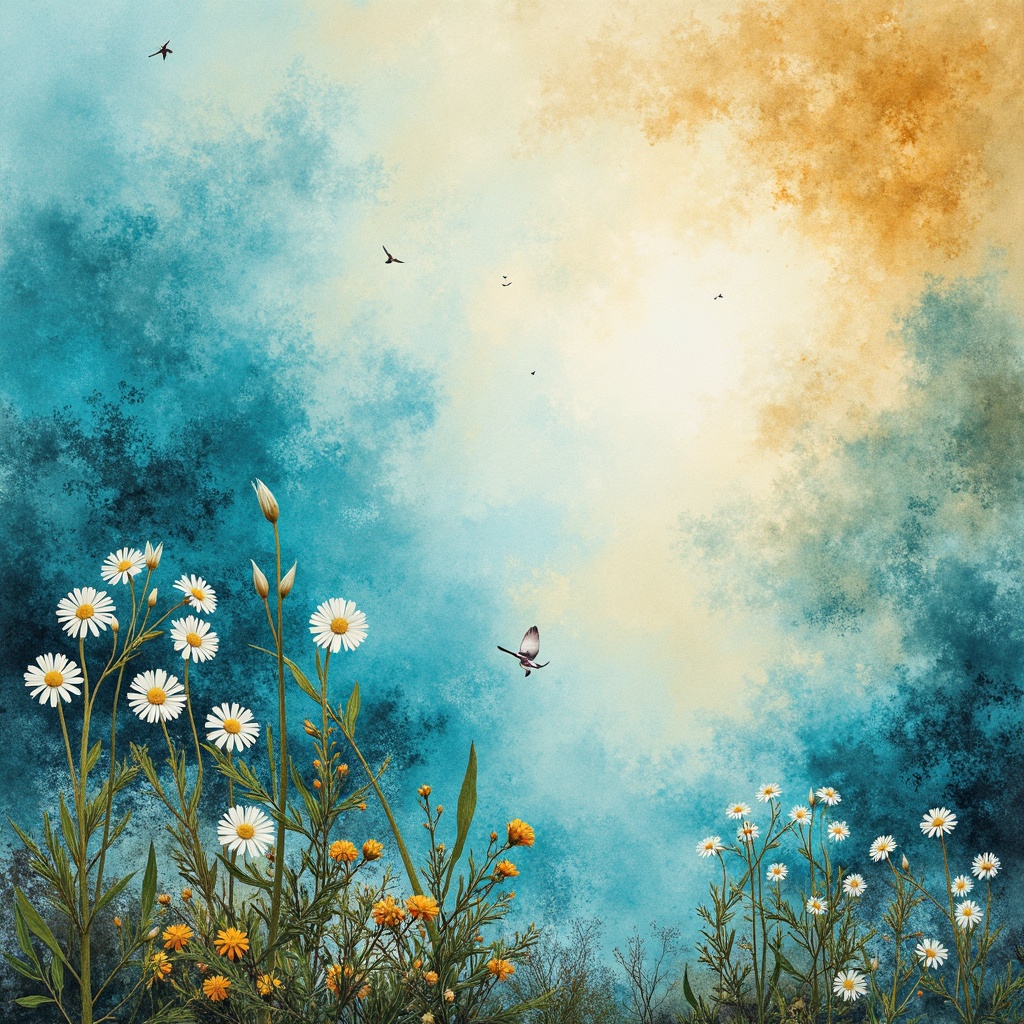 Prompt: Vibrant cerulean blue, warm golden light, soft creamy whites, rich turquoise accents, subtle earthy tones, natural linen textures, delicate floral patterns, whimsical watercolor effects, dreamy atmospheric perspective, gentle color gradations, 1/1 composition, intimate shallow depth of field, warm inviting ambiance.