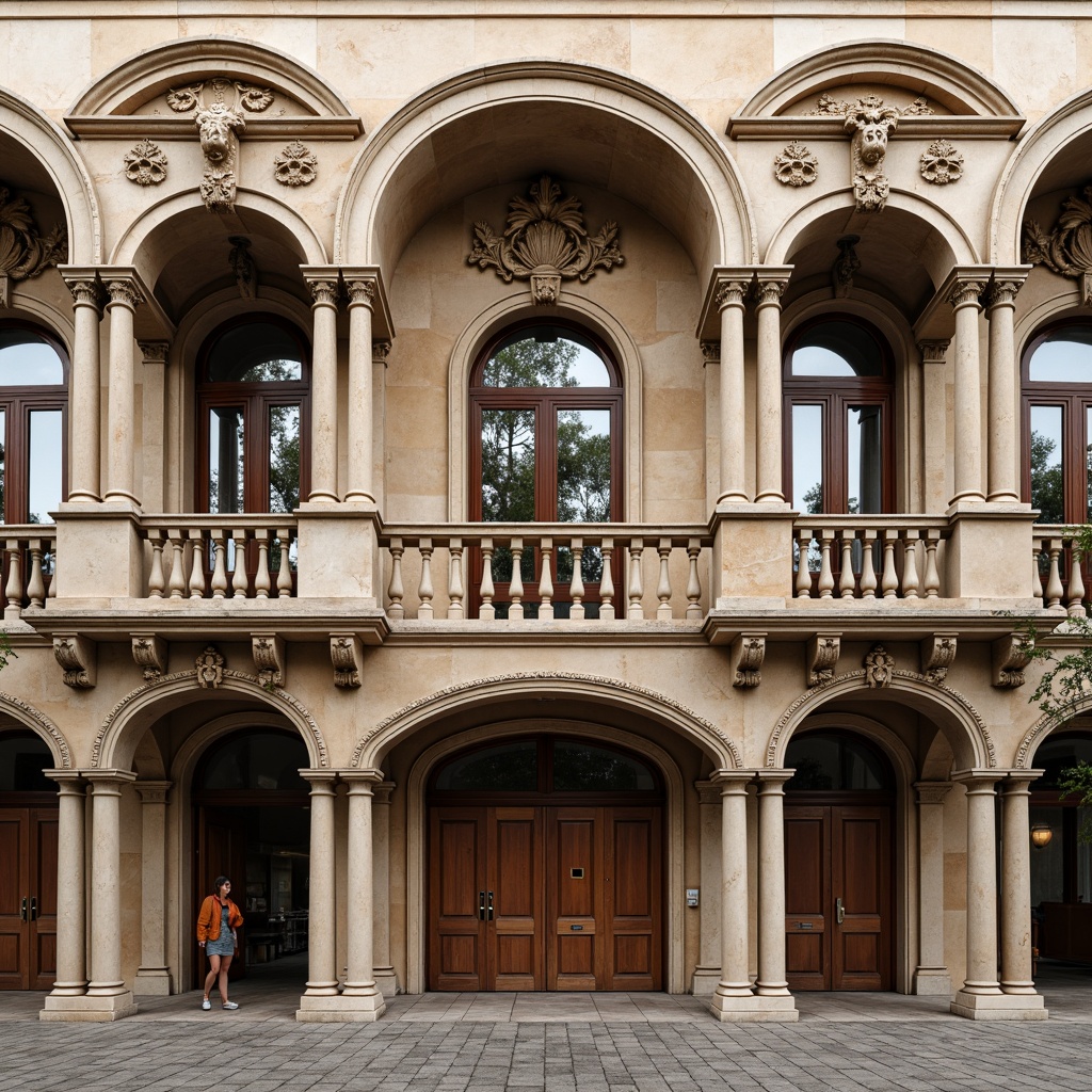 Prompt: Ornate Renaissance-style facade, grand stone columns, intricately carved arches, ornamental balconies, decorative cornices, majestic entrance doors, symmetrical window arrangements, classical pediments, rustic stonework, warm earthy tones, subtle texture variations, soft natural lighting, 1/2 composition, shallow depth of field, realistic material renderings, ambient occlusion.