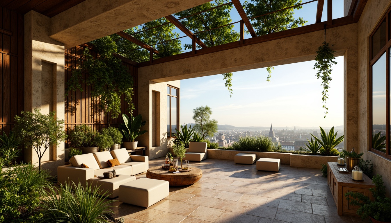 Prompt: Luxurious penthouse, organic architecture, earthy tones, natural materials, reclaimed wood accents, living green walls, lush foliage, vibrant botanicals, soft cream hues, warm beige stones, rich walnut flooring, metallic bronze details, oversized windows, panoramic city views, warm golden lighting, dramatic shadows, 1/2 composition, atmospheric perspective, realistic reflections, subtle texture overlays.