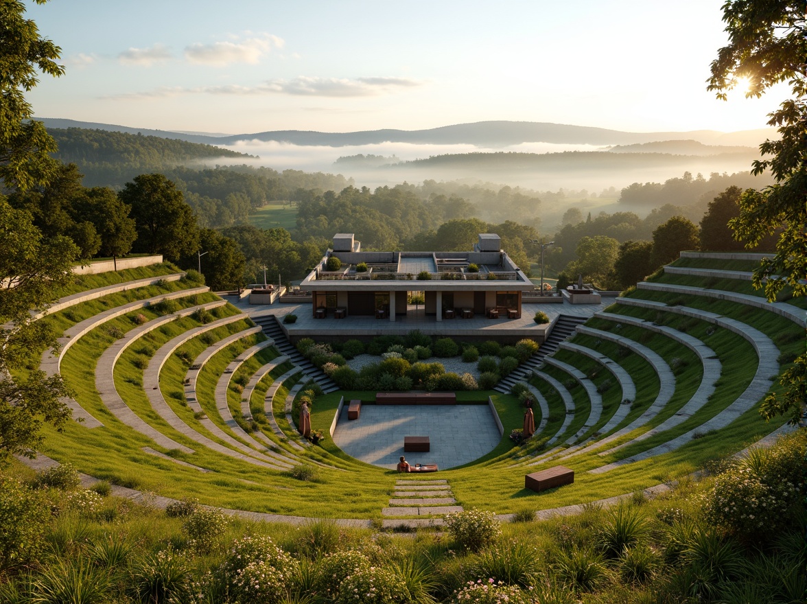 Prompt: Natural amphitheater, rolling hills, lush green grass, tiered seating areas, curved walkways, wooden benches, scenic overlooks, surrounding forests, misty morning atmosphere, warm sunlight filtering through trees, soft shadows, gentle breeze, 1/1 composition, natural stone walls, earth-toned architecture, organic shapes, eco-friendly materials, integrated landscape design, harmonious blending of built and natural environments, serene ambiance, panoramic views.