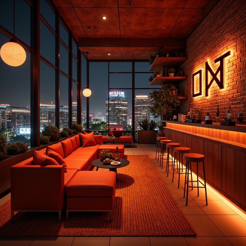 Prompt: Vibrant orange-red hues, warm earthy tones, rich terracotta accents, bold geometric patterns, sleek modern furniture, industrial metal frames, exposed brick walls, urban cityscape, nighttime neon lights, dramatic high-contrast shadows, 1/1 composition, shallow depth of field, cinematic atmosphere, realistic textures, ambient occlusion.