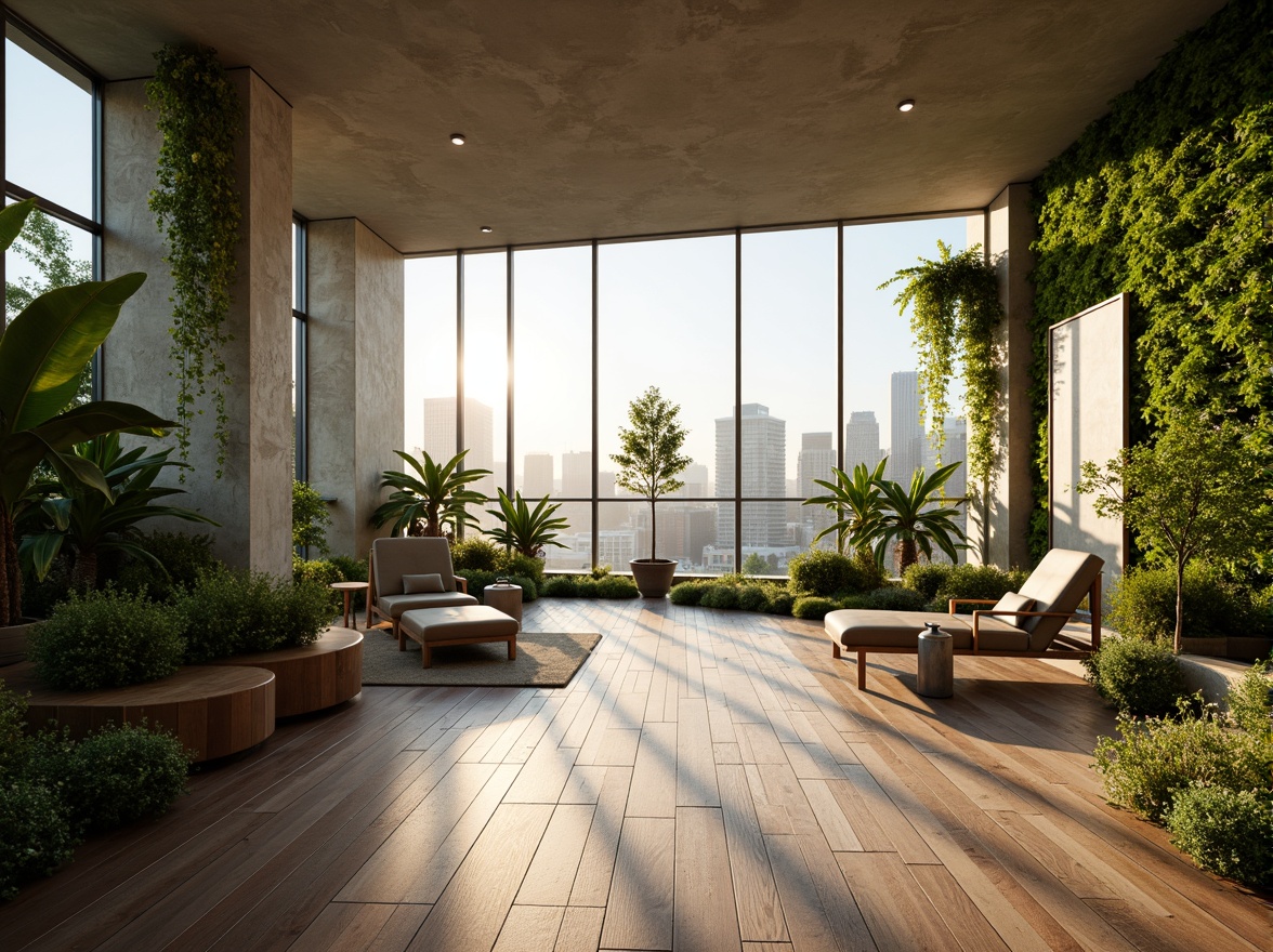 Prompt: Luxurious penthouse, organic curves, lush green walls, natural light pouring in, floor-to-ceiling windows, minimalist decor, reclaimed wood floors, soft warm ambiance, morning sunlight, urban skyline view, modern sleek lines, eco-friendly materials, living plants, hanging gardens, vertical greening, airy open spaces, 1/1 composition, shallow depth of field, realistic textures, ambient occlusion.