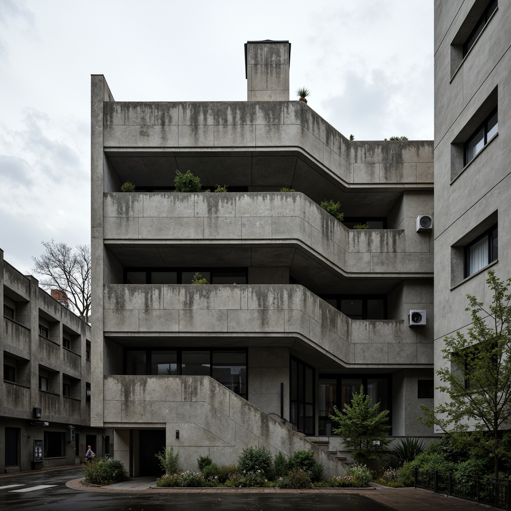 Prompt: Rugged university building, brutalist architecture, raw concrete fa\u00e7ade, fortress-like structure, geometric shapes, angular lines, industrial materials, metal beams, exposed ductwork, minimalist aesthetic, functional simplicity, urban campus setting, overcast sky, dramatic shadows, high-contrast lighting, cinematic composition, 2.35 aspect ratio, gritty textures, ambient occlusion.Let me know if this meets your expectations!