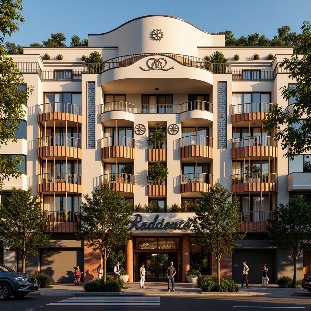 Prompt: Vibrant Art Deco facade, ornate metalwork, geometric patterns, luxurious balconies, curved lines, symmetrical composition, warm golden lighting, rich marble textures, sleek chrome accents, intricate moldings, bold typography, lavish ornamentation, social housing complex, urban landscape, bustling city streets, morning sunlight, shallow depth of field, 1/1 composition, panoramic view, realistic materials, ambient occlusion.