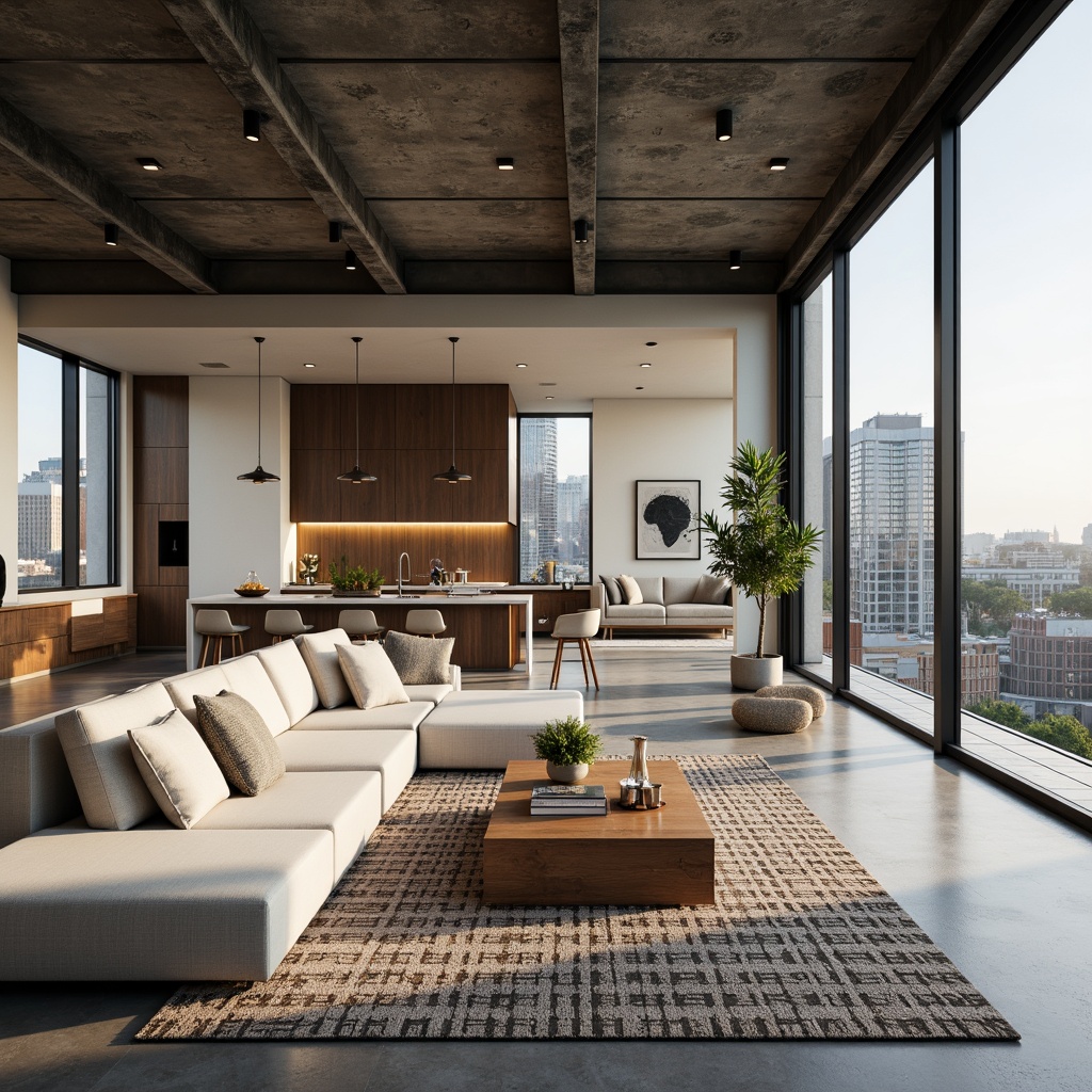 Prompt: Minimalist living room, sleek low-profile furniture, polished concrete floors, industrial metal beams, floor-to-ceiling windows, sliding glass doors, urban cityscape views, warm neutral color palette, geometric patterned rugs, modern abstract artwork, pendant lighting fixtures, open-plan kitchen, high-gloss cabinetry, quartz countertops, stainless steel appliances, functional storage solutions, cozy reading nook, plush sectional sofa, vibrant greenery, natural textiles, soft diffused lighting, shallow depth of field, 3/4 composition, panoramic view.