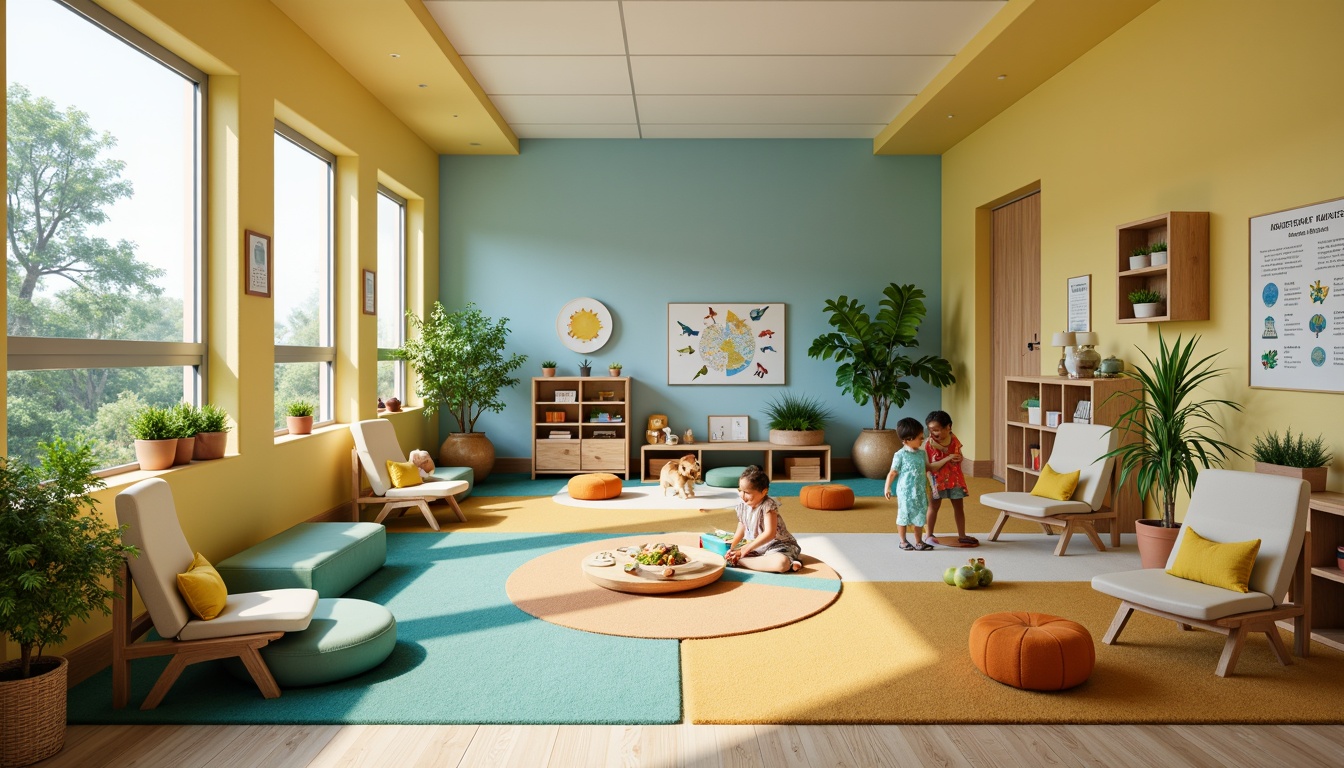 Prompt: Vibrant kindergarten classroom, bright playful colors, primary color scheme, soft pastel hues, calming blue accents, energetic yellow walls, whimsical green furniture, interactive learning spaces, cozy reading nooks, educational posters, child-friendly murals, rounded shapes, textured carpets, natural wood tones, warm task lighting, 1/1 composition, shallow depth of field, realistic textures.