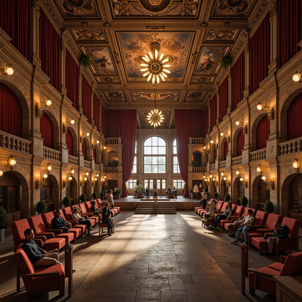 Prompt: Renaissance amphitheater, travertine stone columns, rustic brick arches, ornate marble statues, polished bronze details, rich velvet curtains, intricate fresco ceilings, grandiose chandeliers, warm golden lighting, dramatic spotlights, 1/2 composition, low-angle shot, atmospheric perspective, realistic textures, ambient occlusion.