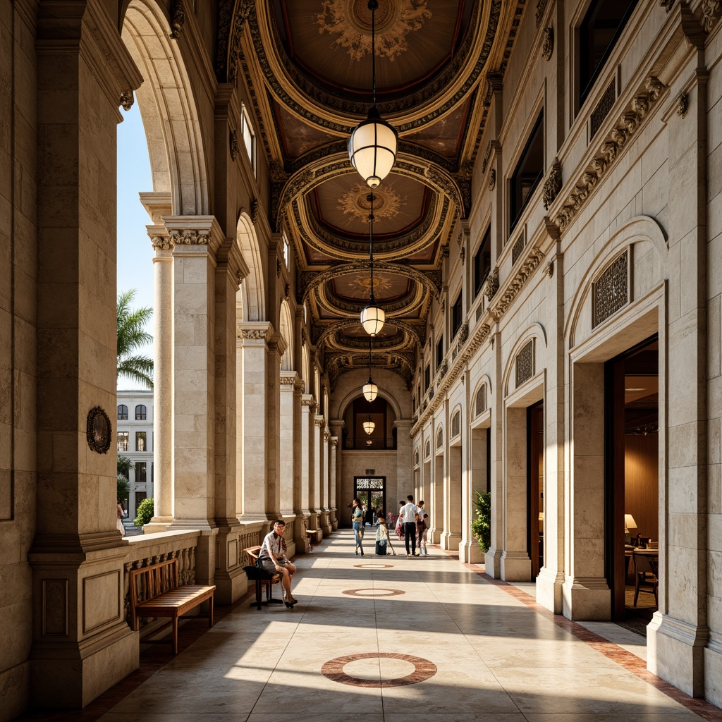 Prompt: Ornate Renaissance palazzo, grandiose columns, carved stone capitals, intricate balustrades, ornamental cornices, rusticated quoins, arched windows, circular pediments, sculpted doorways, marble flooring, fresco ceilings, lavish chandeliers, golden accents, warm afternoon light, soft focus, 1/2 composition, symmetrical framing, realistic textures, ambient occlusion.