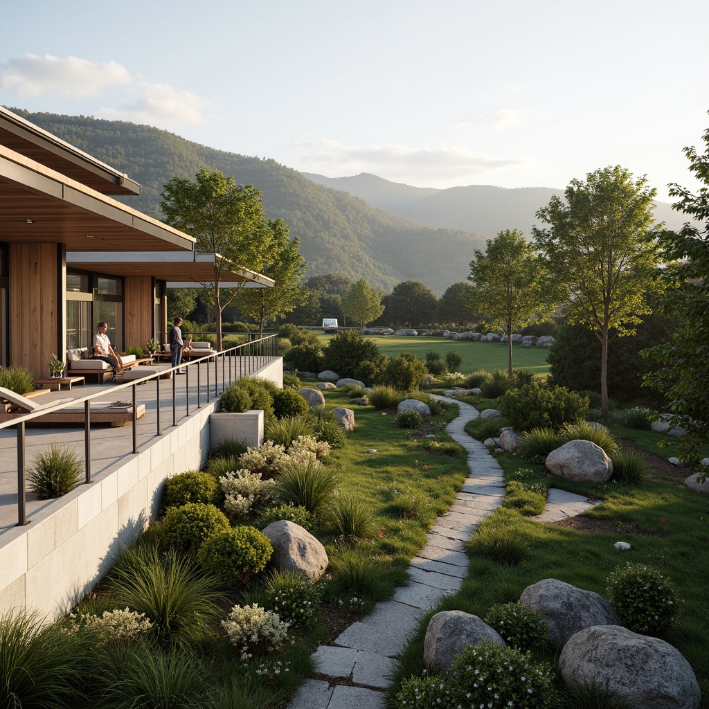 Prompt: Harmonious landscape integration, rolling hills, lush greenery, meandering pathways, natural stone walls, weathered wood accents, modern architectural lines, sleek glass railings, minimalist design, seamless transitions, blurred boundaries, soft warm lighting, shallow depth of field, 3/4 composition, panoramic view, realistic textures, ambient occlusion, gentle breeze, serene atmosphere.