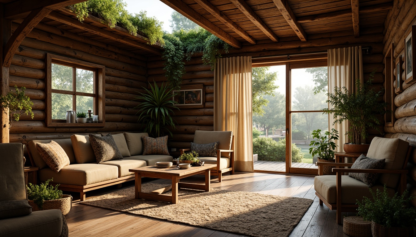 Prompt: Rustic wooden cabins, natural stone walls, earthy tones, moss-covered roofs, overgrown vegetation, warm golden lighting, soft focus, atmospheric perspective, 1/2 composition, realistic textures, ambient occlusion, cozy interior spaces, plush furnishings, woven baskets, vintage decorations, nature-inspired patterns, organic forms, rough-hewn wooden accents.