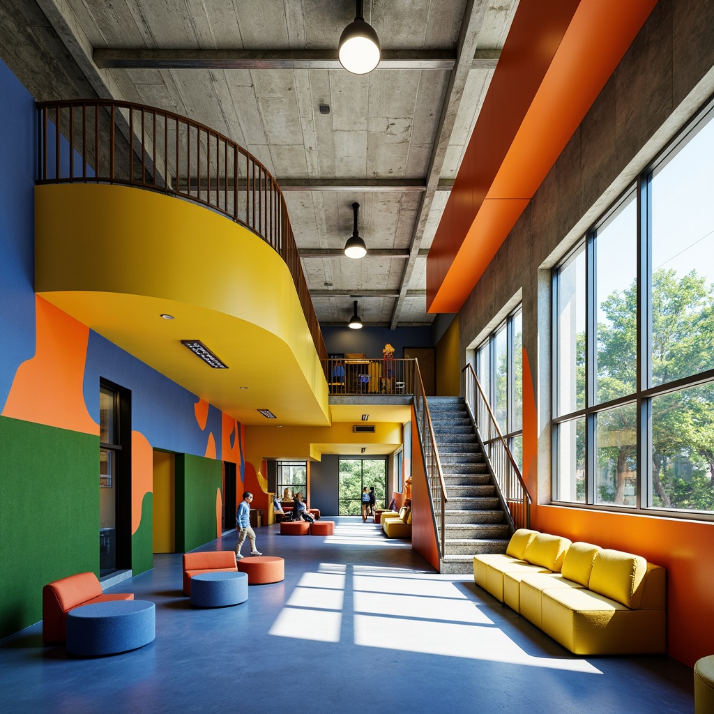 Prompt: Vibrant middle school building, expressive architecture, bold color palette, bright yellow accents, deep blue tones, energetic orange hues, dynamic green walls, abstract geometric patterns, irregular shapes, textured concrete surfaces, industrial metal beams, playful staircase designs, collaborative learning spaces, flexible furniture arrangements, natural light pouring in, soft box lighting, shallow depth of field, 1/1 composition, realistic textures, ambient occlusion.