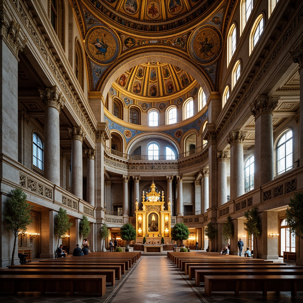 Prompt: Intricate Byzantine church, grand dome, ornate mosaics, gilded accents, marble columns, arches, vaulted ceilings, ornamental patterns, lavish decorations, hierarchical spatial organization, symmetrical composition, central nave, side aisles, apse, altar, pulpits, intricate stone carvings, soft warm lighting, shallow depth of field, 3/4 composition, panoramic view, realistic textures, ambient occlusion.