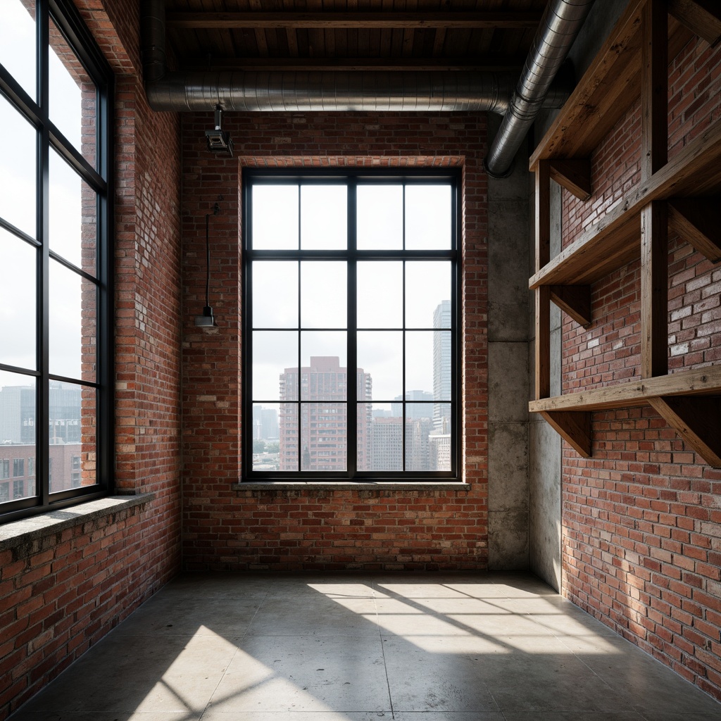 Prompt: Exposed brick walls, raw concrete floors, industrial metal beams, minimalist windows, functional pipes, distressed wood accents, geometric shapes, primary color schemes, bold typography, urban cityscape, overcast sky, dramatic shadows, high contrast lighting, 1/1 composition, symmetrical framing, realistic textures, ambient occlusion.