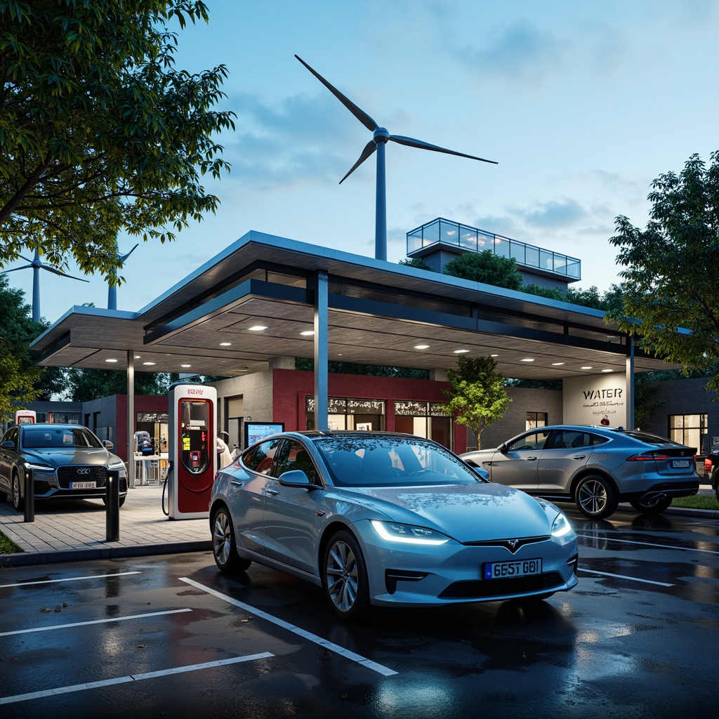 Prompt: Futuristic charging station, sleek metallic exterior, neon-lit accents, solar panels, wind turbines, green roofs, eco-friendly materials, innovative cooling systems, shaded outdoor spaces, misting systems, modern angular lines, minimalist design, sustainable energy solutions, electric vehicle parking, futuristic lighting, 3/4 composition, shallow depth of field, panoramic view, realistic textures, ambient occlusion.