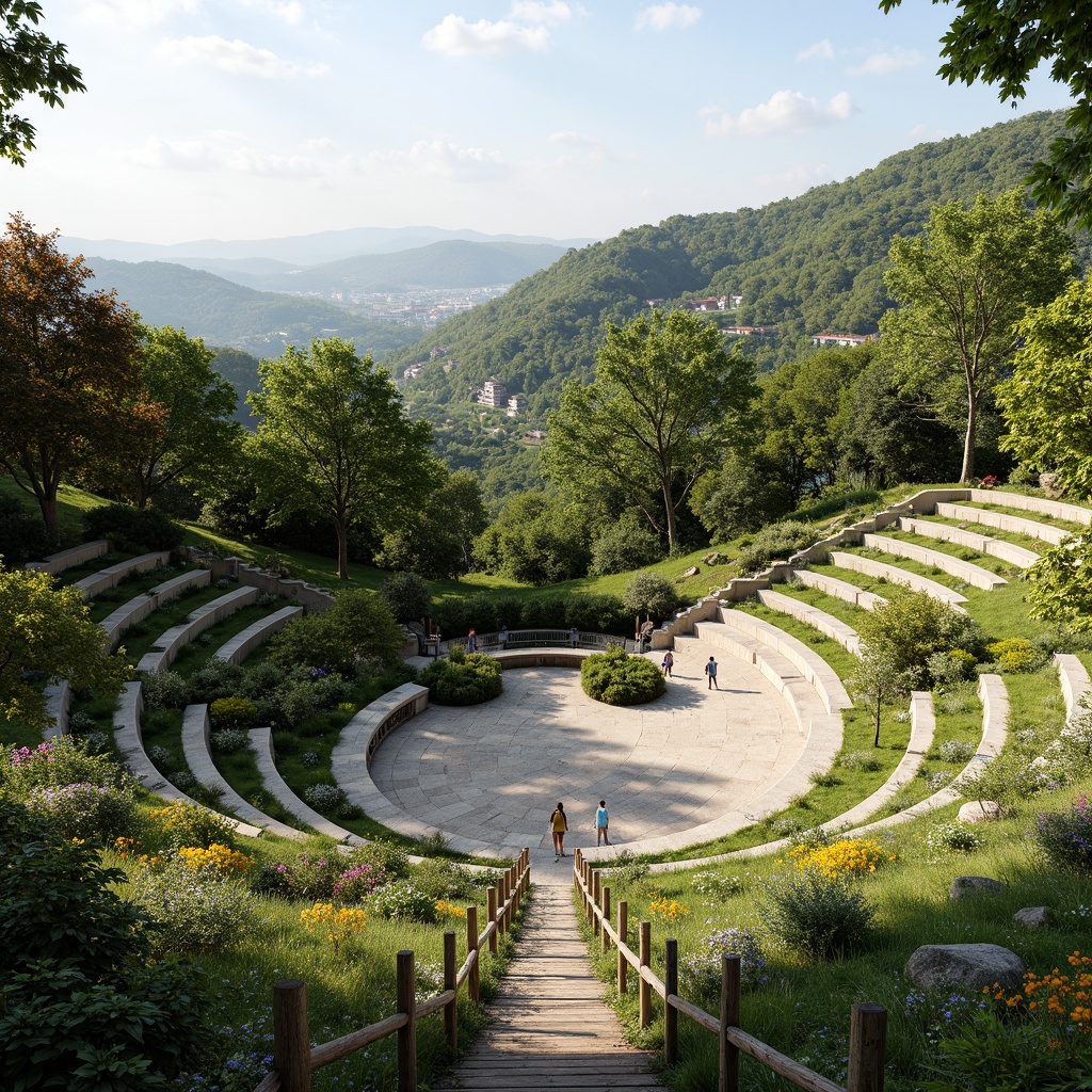 Prompt: Sloping green hills, natural stone seating, curved amphitheater design, integrated landscape architecture, lush vegetation, vibrant wildflowers, meandering walkways, rustic wooden railings, scenic lookout points, panoramic views, warm sunny days, soft diffused lighting, shallow depth of field, 3/4 composition, realistic textures, ambient occlusion.