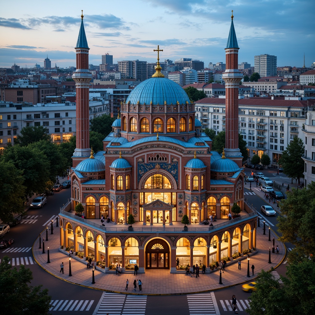 Prompt: Majestic Byzantine church, ornate domes, intricate mosaics, grand archways, vibrant frescoes, urban cityscape, bustling streets, modern skyscrapers, ancient ruins, cultural heritage, historic landmarks, busy intersections, pedestrian walkways, street lamps, warm evening lighting, shallow depth of field, 1/1 composition, realistic textures, ambient occlusion.