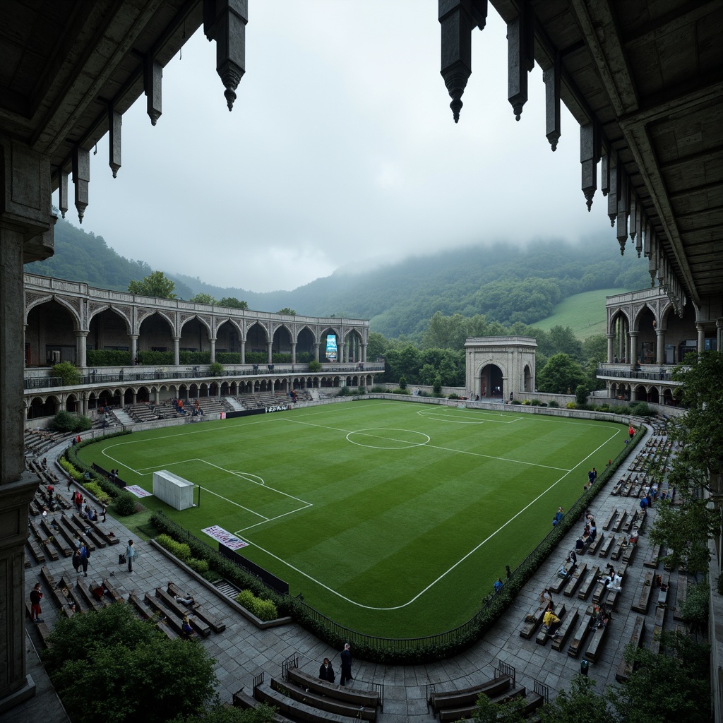 Prompt: Medieval-inspired football stadium, grandiose stone architecture, intricately carved facades, pointed arches, ribbed vaults, flying buttresses, dramatic lighting effects, misty atmosphere, lush greenery, rolling hills, scenic overlooks, winding pathways, natural stone seating areas, Gothic-style towers, turrets, battlements, ornate metalwork, mysterious fog, low-angle photography, cinematic composition, rich textures, ambient occlusion.