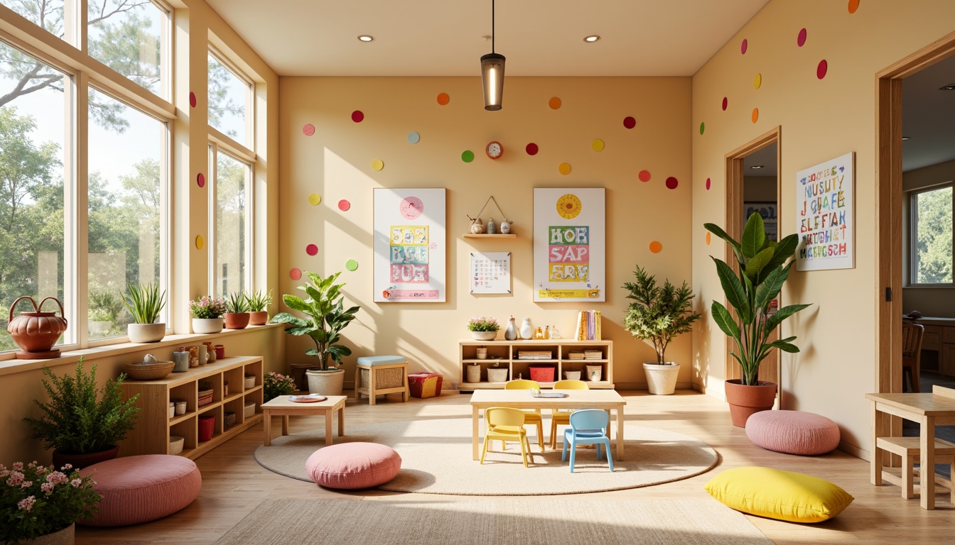 Prompt: Vibrant kindergarten classroom, playful color scheme, bright primary colors, pastel shades, warm beige walls, colorful alphabet decorations, educational charts, cheerful polka dots, whimsical patterns, soft cushions, wooden tables, tiny chairs, natural light, large windows, blooming flowers, gentle morning sunlight, shallow depth of field, 1/1 composition, realistic textures.