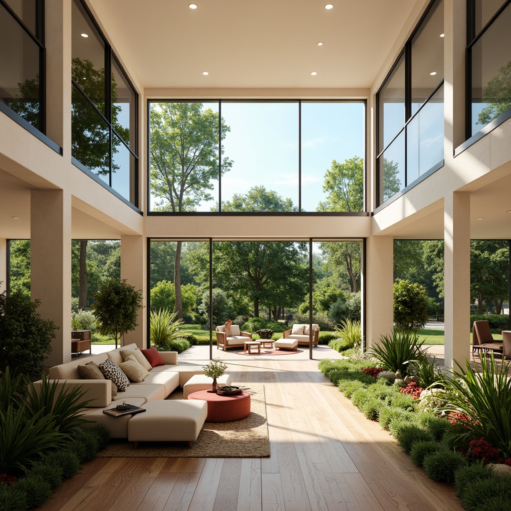 Prompt: Vibrant living room, floor-to-ceiling windows, sliding glass doors, clerestory windows, skylights, reflective surfaces, minimalist decor, neutral color palette, wooden floors, natural textiles, lush greenery, abundant plants, warm sunny day, soft diffused lighting, high ceilings, open-plan layout, seamless transitions, 1/1 composition, shallow depth of field, realistic textures, ambient occlusion.