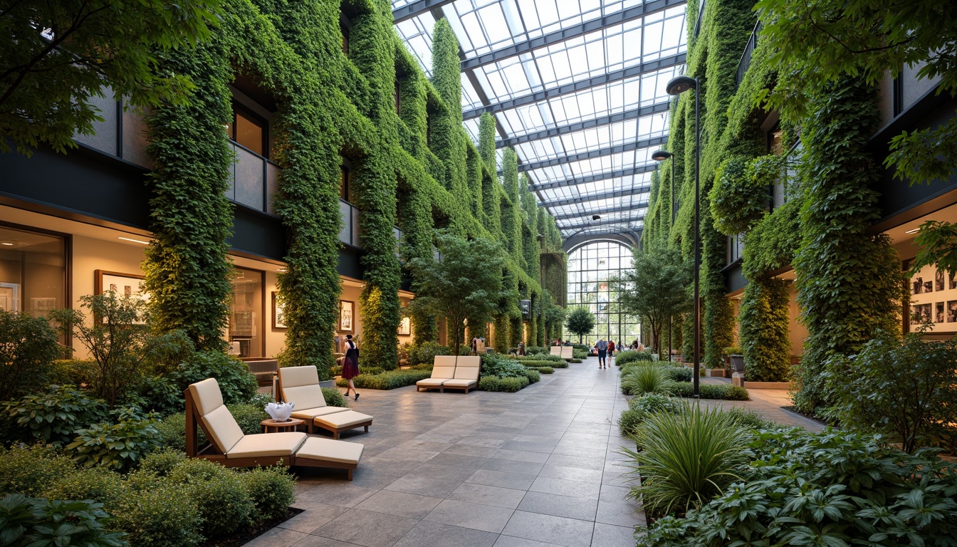 Prompt: Vibrant atrium, lush green walls, natural stone floors, floor-to-ceiling windows, transparent glass roofs, modern minimalist architecture, sleek metal frames, warm wooden accents, soft diffused lighting, indirect sunlight, ambient shadows, cozy reading nooks, comfortable seating areas, sustainable building materials, energy-efficient systems, eco-friendly interior design, calming color palette, serene atmosphere, peaceful ambiance, shallow depth of field, 1/1 composition, realistic textures, subtle camera movements.