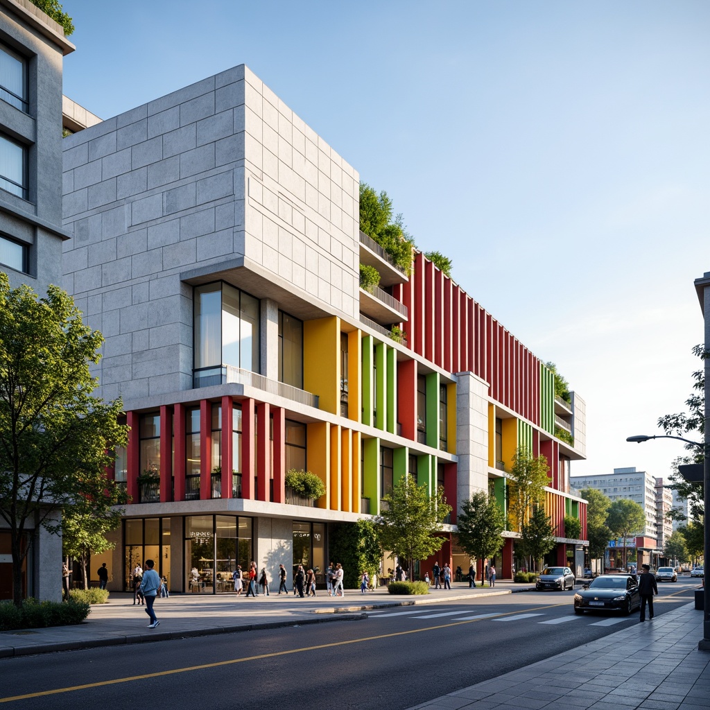 Prompt: Vibrant community center, modern facade design, bold color schemes, geometric patterns, angular lines, minimalist aesthetic, large glass windows, natural stone cladding, metal accents, cantilevered roofs, green walls, urban landscape, bustling streets, pedestrian traffic, morning sunlight, soft warm lighting, shallow depth of field, 3/4 composition, panoramic view, realistic textures, ambient occlusion.