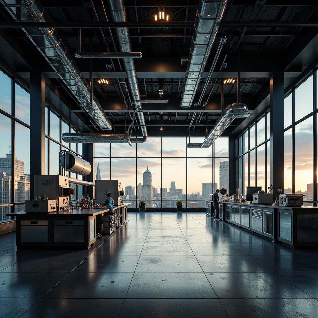 Prompt: Industrial laboratory setting, steel framework, exposed ductwork, metallic materials, industrial pipes, futuristic equipment, sleek minimalism, geometric patterns, angular lines, abstract compositions, dramatic lighting, high-contrast shadows, 3/4 composition, shallow depth of field, realistic textures, ambient occlusion, modern architecture, large windows, glass doors, urban landscape, cityscape background, cloudy sky, soft warm lighting.