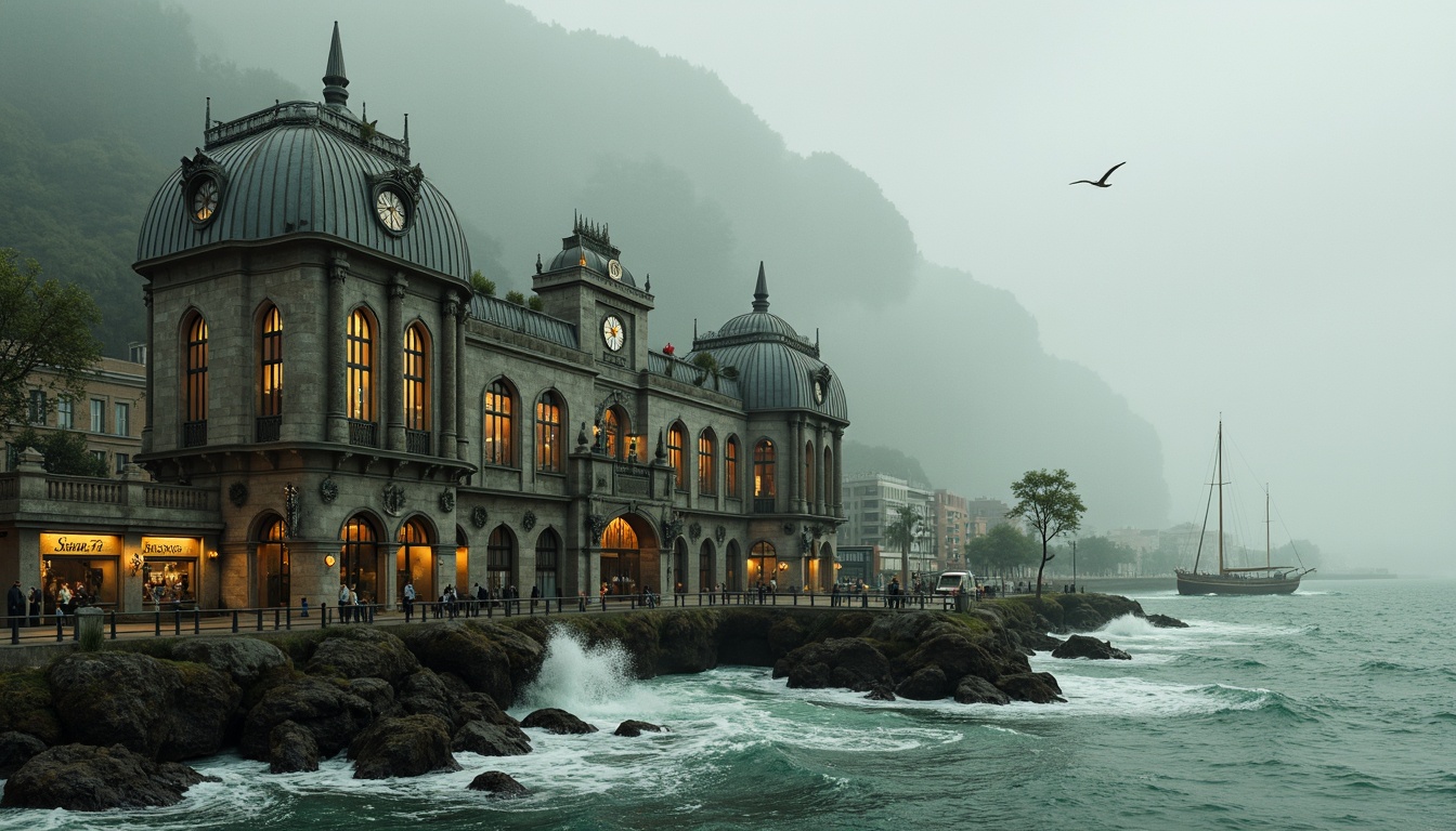 Prompt: Majestic tram station, gothic architecture, rugged coastline, crashing waves, salty sea air, weathered stone walls, stained glass windows, intricate tracery, ornate gargoyles, grand clock towers, moss-covered roofs, misty atmosphere, warm soft lighting, shallow depth of field, 1/1 composition, symmetrical framing, realistic textures, ambient occlusion, ocean-inspired color palette, seaweed-green accents, driftwood-gray tones, majestic seagulls, sailing boats in the distance.