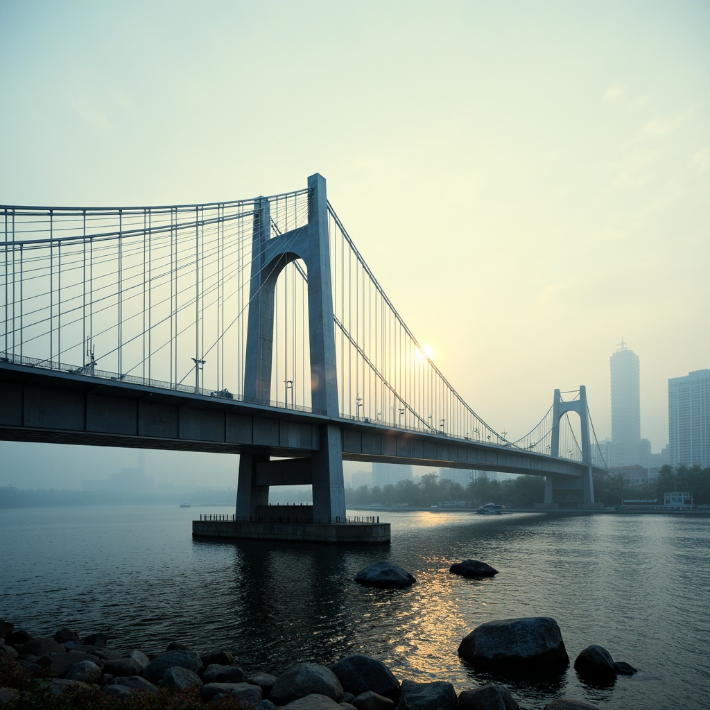 Prompt: Sleek suspension bridges, curved arches, cantilevered sections, steel cables, minimalist piers, modernist bridge towers, geometric shapes, urban cityscape, misty morning atmosphere, soft golden lighting, shallow depth of field, 1/2 composition, cinematic view, realistic reflections, ambient occlusion, rugged concrete textures, metallic sheen, vibrant blue accents.