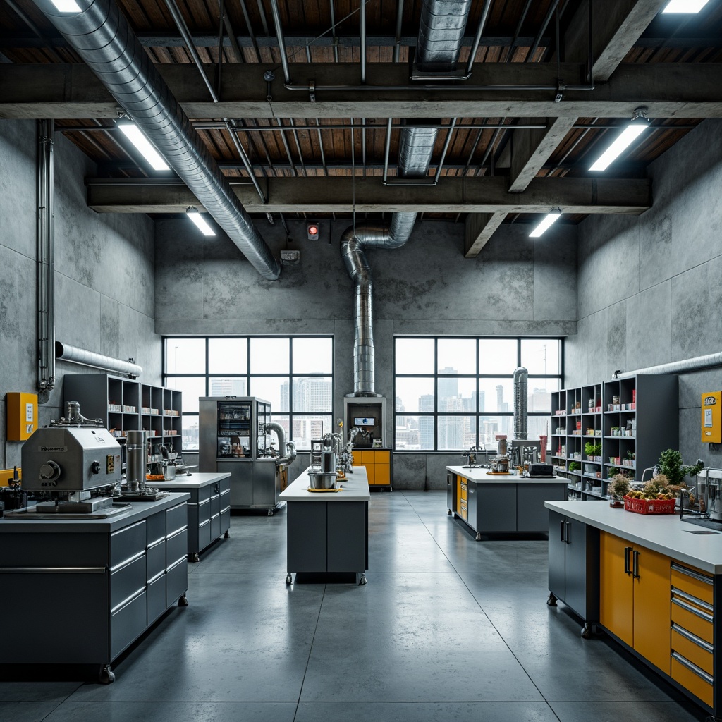 Prompt: Industrial laboratory setting, exposed ductwork, metal beams, concrete walls, minimalist aesthetic, bold color accents, futuristic lighting fixtures, sleek machinery, stainless steel equipment, modular furniture, angular lines, geometric patterns, brutalist architecture, raw textures, high-contrast shadows, dramatic lighting, 3/4 composition, shallow depth of field, realistic reflections.