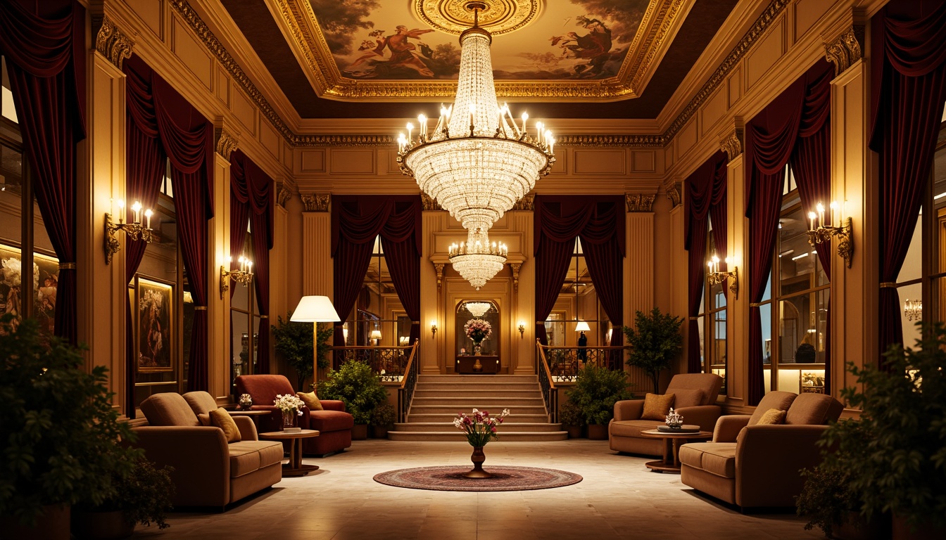 Prompt: Grand chandelier, crystal droplets, warm golden lighting, ornate moldings, frescoed ceilings, lavish drapery, rich velvet fabrics, gilded accents, marble floors, neoclassical columns, grand staircases, intimate VIP areas, dimly lit bars, soft spotlights, ambient glow, cinematic shadows, 3/4 composition, low-angle shots, dramatic contrast, realistic reflections, detailed textures.