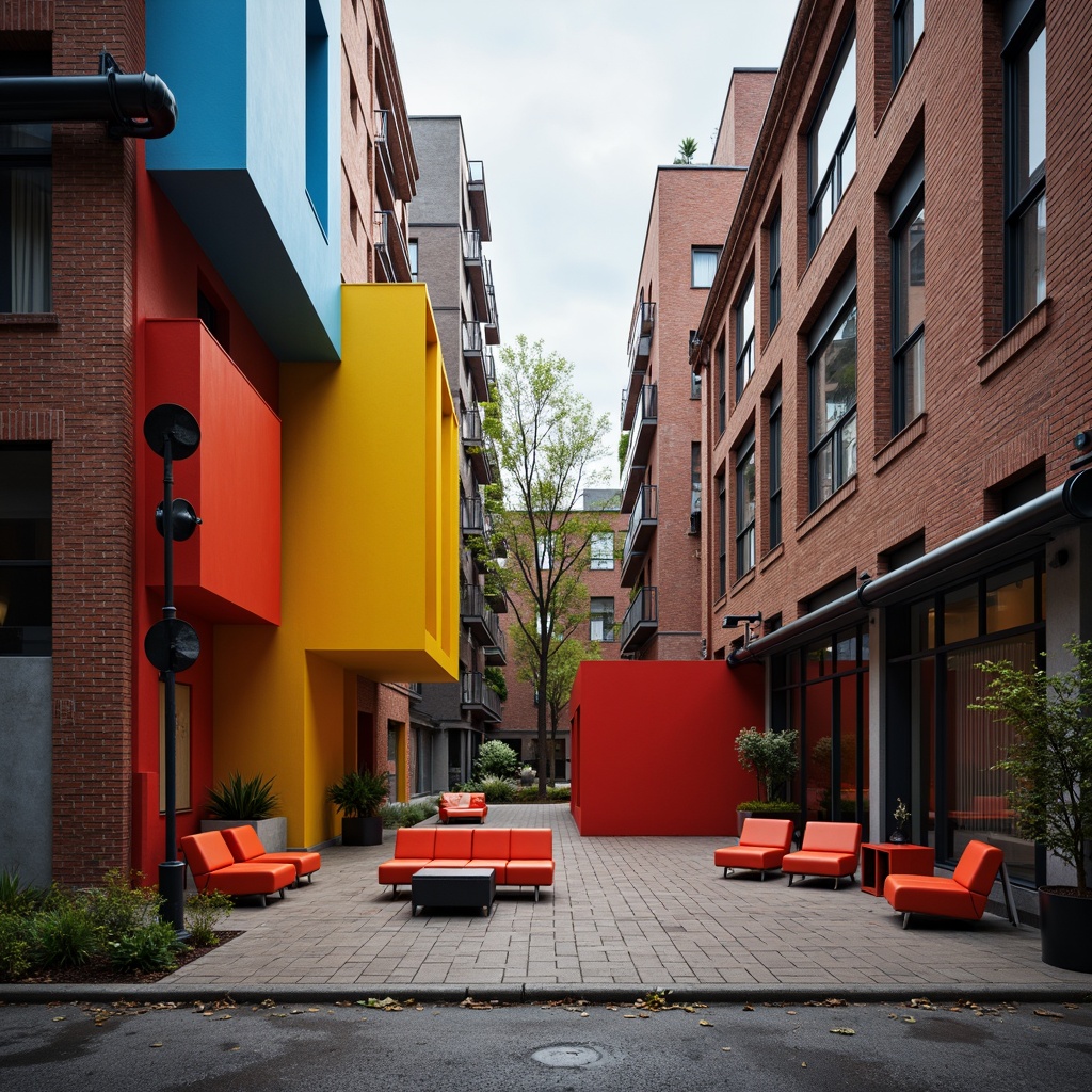 Prompt: Vibrant primary colors, bold geometric shapes, stark color contrasts, minimalist typography, industrial materials, exposed brick walls, metal pipes, functional furniture, rectangular forms, clean lines, modernist architecture, urban cityscape, overcast sky, dramatic shadows, high-contrast lighting, 1/1 composition, symmetrical framing, abstract textures, atmospheric perspective.