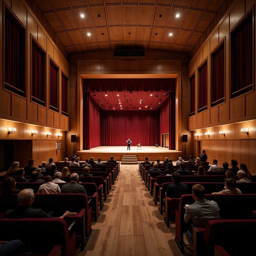 Prompt: Intimate performance venue, curved wooden walls, sound-absorbing panels, plush velvet curtains, elevated stage, professional lighting rig, comfortable audience seating, rich wood flooring, ornate chandeliers, soft warm ambiance, subtle spotlighting, 1/1 composition, shallow depth of field, realistic textures, ambient occlusion.