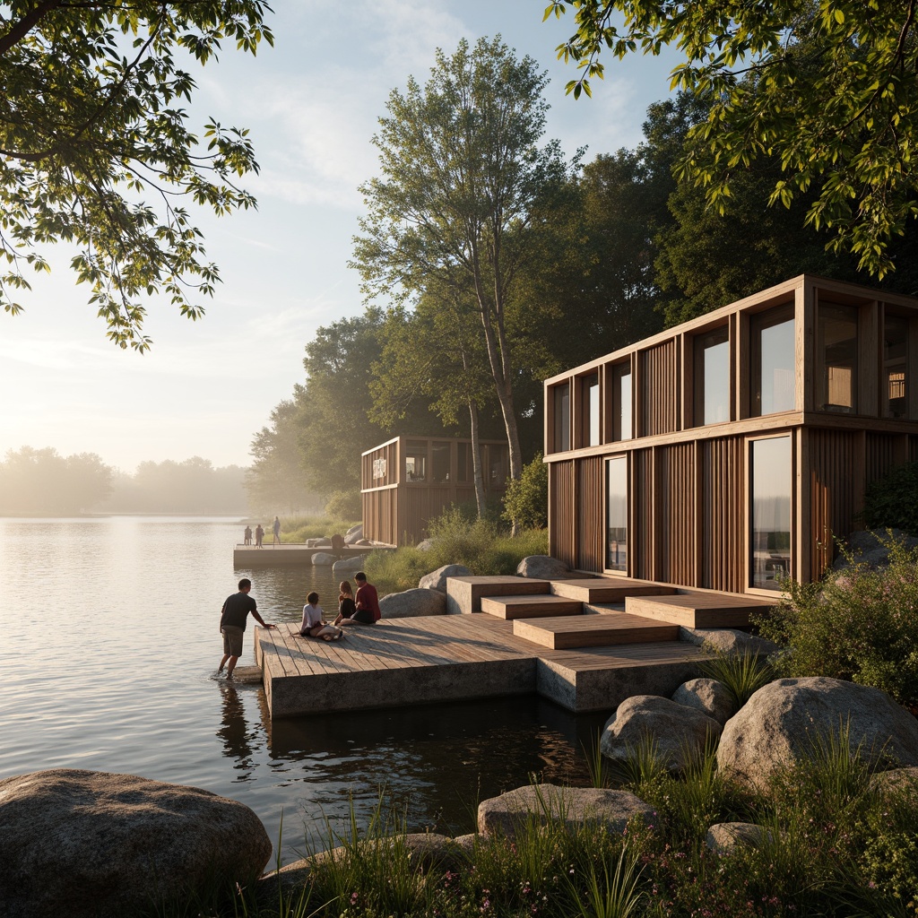 Prompt: Waterfront boathouse, rustic wooden docks, serene lake views, natural stone foundations, wooden slatted walls, glass accordion doors, clerestory windows, soft warm lighting, morning sunlight, misty atmosphere, lush greenery, overhanging trees, rippling water reflections, 1/1 composition, shallow depth of field, realistic textures, ambient occlusion.