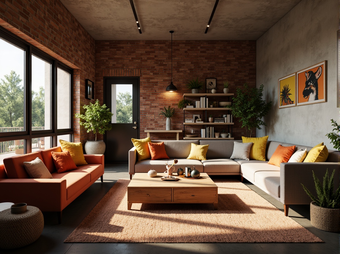 Prompt: Cozy dormitory interior, soft plush carpets, warm wooden accents, smooth concrete walls, industrial metal frames, rustic brick textures, comfortable sofas, vibrant colorful throw pillows, natural fiber rugs, woven basket furniture, earthy tone ceramics, ambient warm lighting, shallow depth of field, 1/2 composition, realistic material renderings.