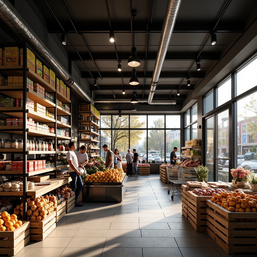 Prompt: Well-organized grocery store interior, modern minimalist shelving units, sleek metal racks, wooden crates, vibrant colorful product displays, refrigerated sections, glass door freezers, warm lighting, shallow depth of field, 3/4 composition, panoramic view, realistic textures, ambient occlusion, busy shopping atmosphere, diverse customer demographics, shopping carts, baskets, checkout counters, digital signage, electronic price tags, polished concrete floors, ceramic tiles, natural stone accents, urban city location, morning sunlight, soft warm lighting.