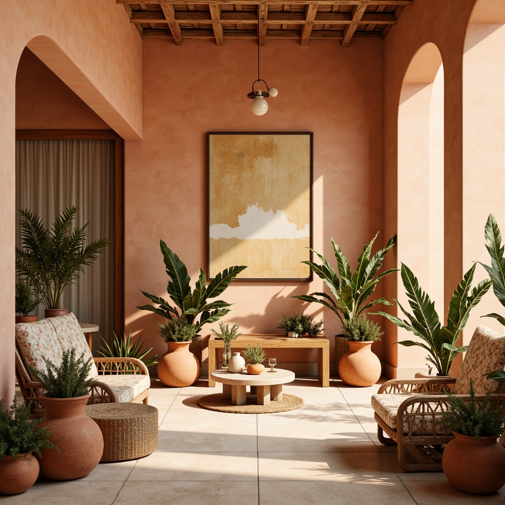 Prompt: Vibrant apricot hue, warm beige tones, soft peach undertones, creamy whites, rich wood accents, natural textiles, woven baskets, earthy terracotta pots, lush greenery, delicate floral patterns, subtle golden lighting, shallow depth of field, 1/2 composition, intimate atmosphere, realistic textures, ambient occlusion.