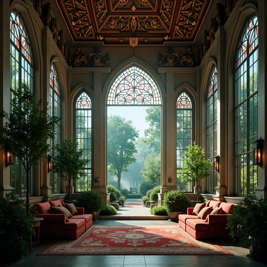 Prompt: Majestic pavilion, ornate gothic architecture, rich jewel tones, emerald greenery, crimson accents, golden trims, mystical fog, warm afternoon light, soft misty atmosphere, intricate stone carvings, stained glass windows, grand entrance archways, lavish furnishings, opulent fabrics, velvety textures, mystical ambiance, 1/2 composition, symmetrical framing, shallow depth of field.