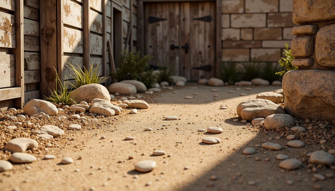 Prompt: Rustic terrain, khaki-colored soil, coarse gravel, rough rock formations, weathered wooden planks, distressed metal panels, worn stone walls, earthy aroma, warm sunny day, soft natural lighting, high-frequency detail, realistic normal maps, detailed displacement mapping.