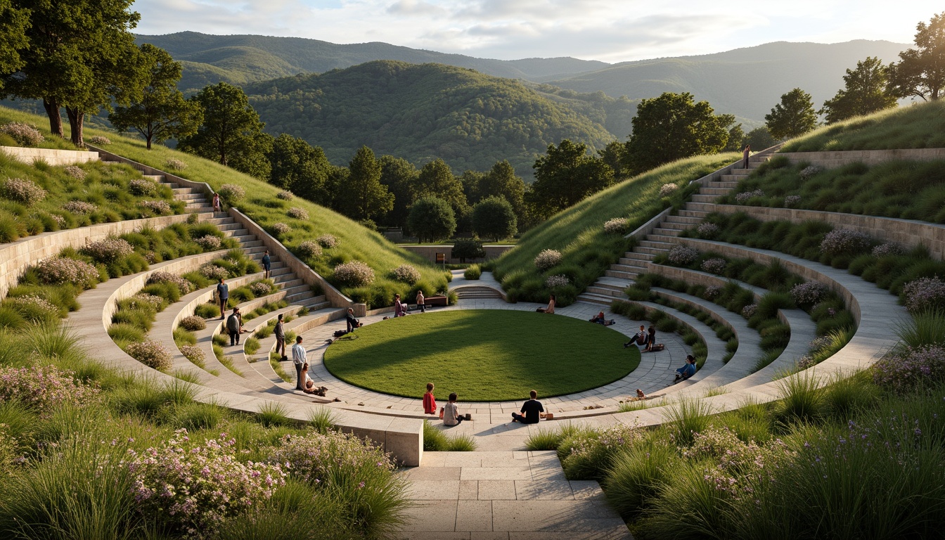 Prompt: Natural amphitheater setting, rolling hills, lush green grass, blooming wildflowers, meandering stone pathways, wooden benches, scenic overlooks, tiered seating areas, curved architecture, organic forms, earthy tones, natural materials, blending into surroundings, seamless transitions, soft warm lighting, early evening atmosphere, shallow depth of field, 2/3 composition, panoramic view, realistic textures, ambient occlusion.