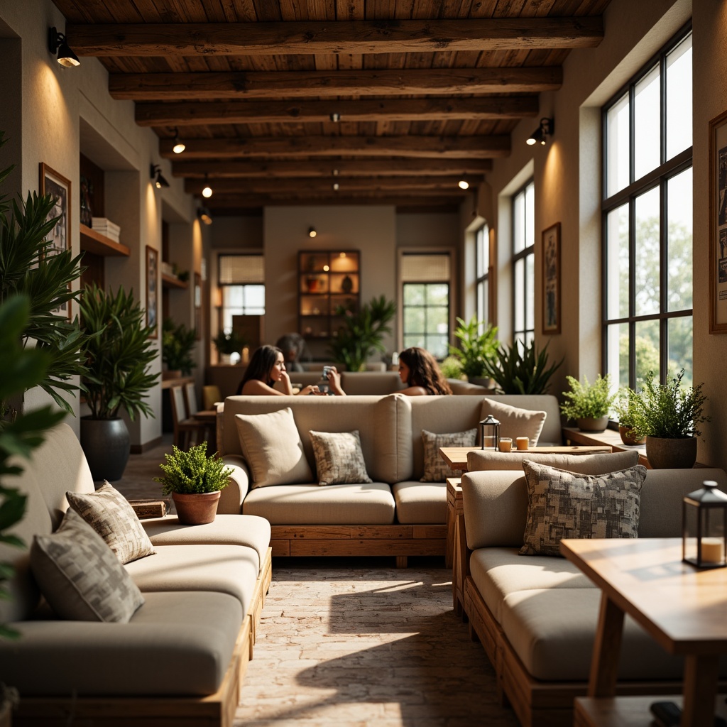 Prompt: Cozy coffee shop interior, warm earthy tones, rich wood accents, creamy whites, deep espresso browns, soft beige upholstery, vintage industrial decor, metal lanterns, distressed wooden tables, comfortable sofas, lush greenery, natural textiles, warm golden lighting, shallow depth of field, 1/1 composition, realistic textures, ambient occlusion.