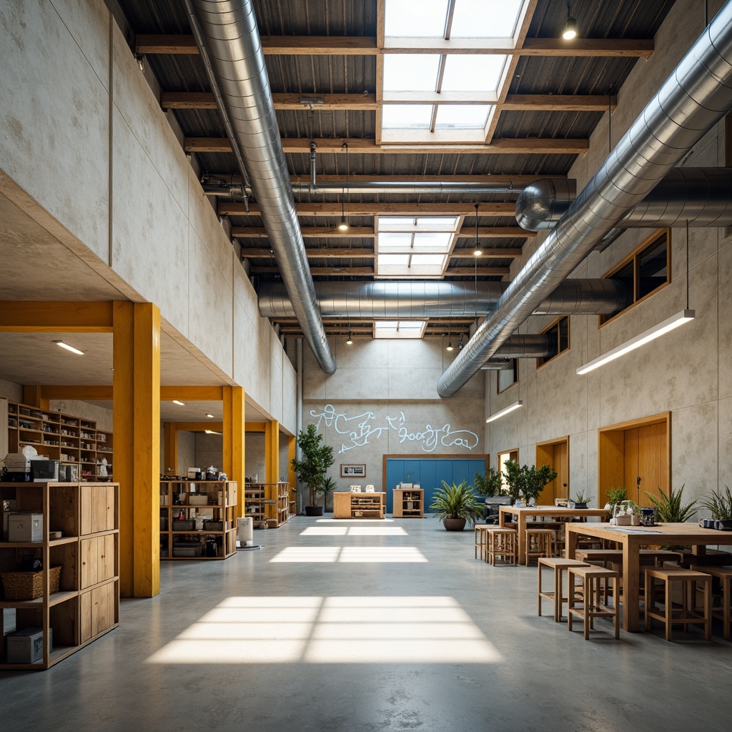 Prompt: Industrial warehouse interior, exposed ductwork, metallic accents, neutral color palette, beige concrete floors, cream-colored walls, pops of bright yellow, energizing blue tones, motivational orange hues, natural light pouring in through skylights, clerestory windows, rustic wooden crates, functional shelving units, industrial-style lighting fixtures, modern minimalist aesthetic, monochromatic scheme, contrasting textures, warm and cool color contrasts, high-contrast ratio, atmospheric perspective, 1-point perspective composition, softbox lighting, subtle gradient maps.