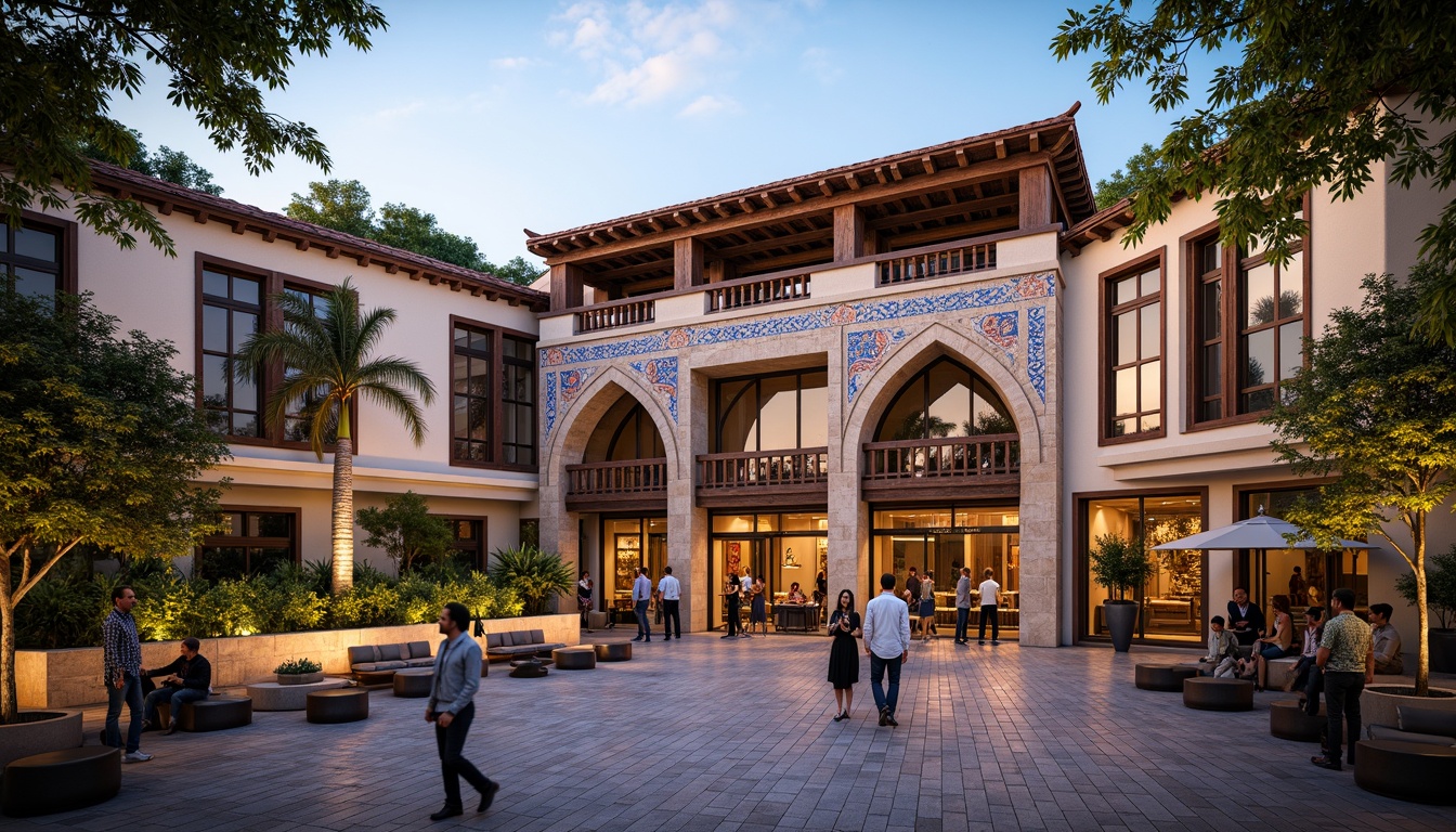 Prompt: Vibrant cultural center, traditional ethnic motifs, grand entrance gates, ornate wooden doors, intricate stone carvings, curved rooflines, glazed tile facades, colorful mosaics, lively street performances, bustling public plaza, shaded outdoor seating, warm evening lighting, shallow depth of field, 1/1 composition, realistic textures, ambient occlusion.