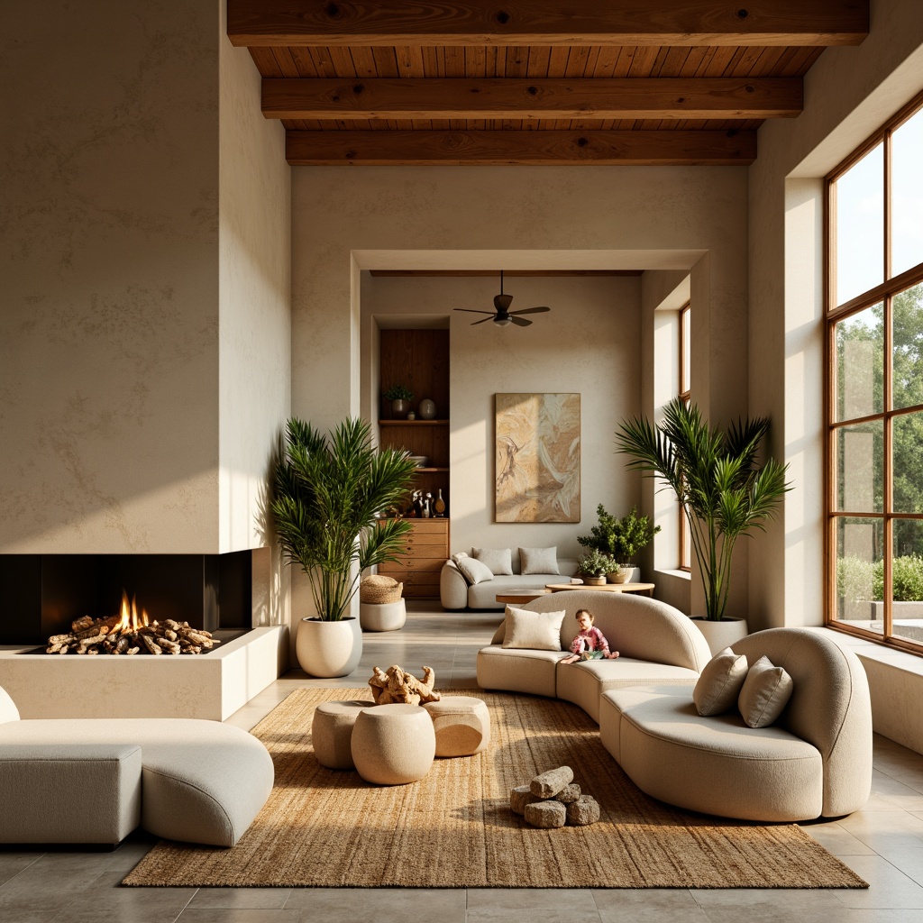 Prompt: Earthy toned residence, warm beige walls, natural stone flooring, wooden accents, cozy fireplace, plush furnishings, soft cream-colored sofas, woven jute rugs, organic shapes, minimalist decor, abundant greenery, floor-to-ceiling windows, warm golden lighting, shallow depth of field, 1/1 composition, intimate atmosphere, serene ambiance.