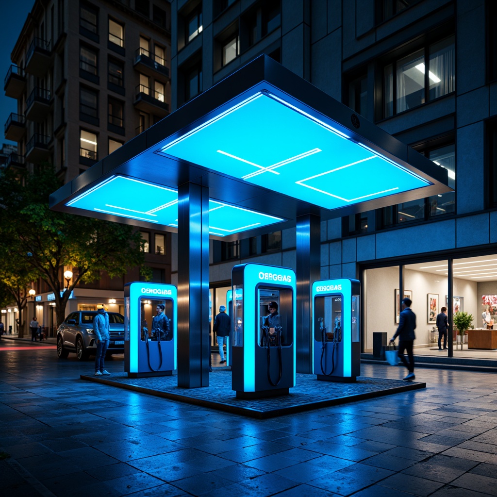 Prompt: Futuristic charging station, neon-lit canopy, sleek metal framework, LED lights, modern minimalist design, bold color scheme, electric blue accents, metallic silver surfaces, glass fa\u00e7ade, high-gloss finish, urban cityscape, nighttime ambiance, moody lighting, shallow depth of field, 1/2 composition, cinematic atmosphere, realistic reflections, ambient occlusion.