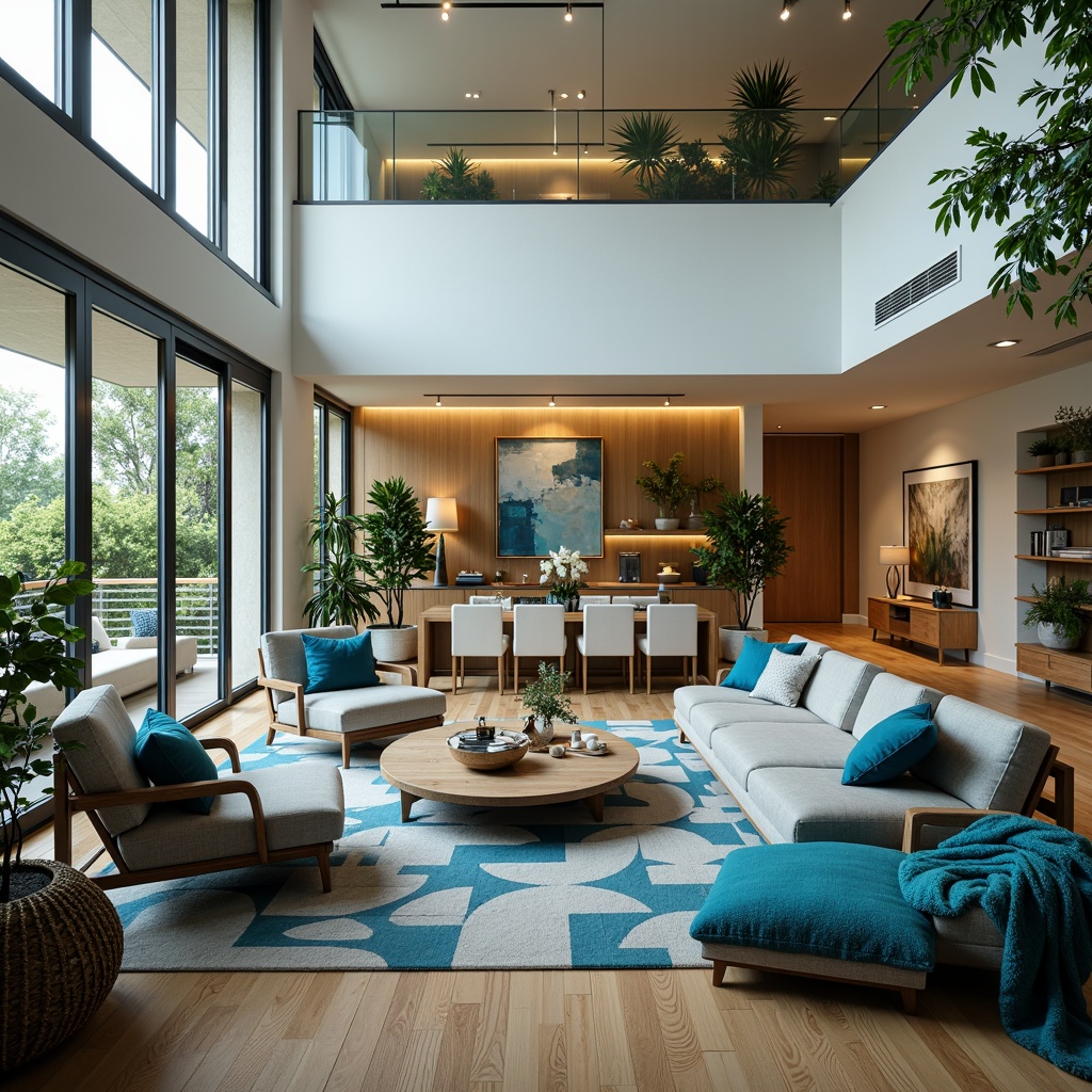 Prompt: Vibrant cerulean blue accents, warm golden lighting, soft creamy whites, rich charcoal grays, lush greenery, modern minimalist decor, sleek low-profile furniture, polished chrome fixtures, geometric patterned rugs, abstract expressionist artwork, spacious open-plan living area, floor-to-ceiling windows, natural wood flooring, cozy plush throw blankets, 1/2 composition, warm atmospheric perspective, soft focus blur, cinematic color grading.