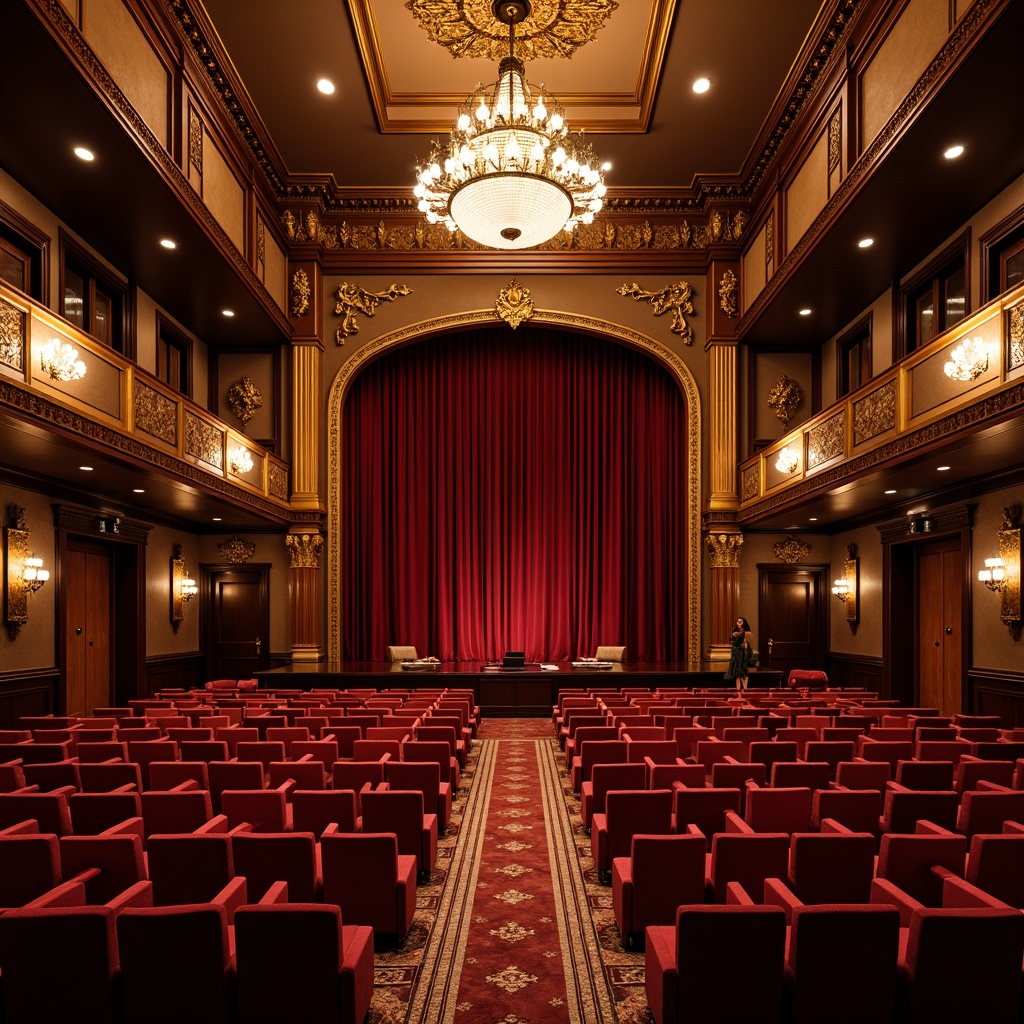 Prompt: Luxurious theater interior, velvet curtains, ornate chandeliers, plush red seats, tiered seating arrangement, sound-absorbing panels, acoustic diffusers, wooden floorboards, dramatic spotlights, crystal sconces, intricate moldings, high ceilings, ornamental balconies, richly patterned carpets, sophisticated audio equipment, precise speaker placement, optimized reverberation time, warm golden lighting, 1/2 composition, shallow depth of field, realistic textures.