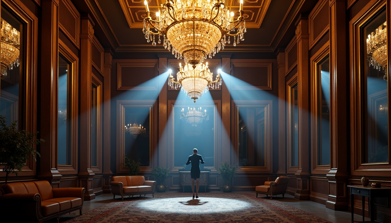 Prompt: Grand chandeliers, crystal droplets, golden accents, luxurious fabrics, rich wood paneling, ornate mirrors, dramatic spotlights, soft warm glow, atmospheric haze, dark blue tones, majestic columns, sweeping archways, intricate moldings, opulent furnishings, lavish decorations, sophisticated ambiance, mysterious shadows, high contrast lighting, 1/1 composition, shallow depth of field, cinematic atmosphere.