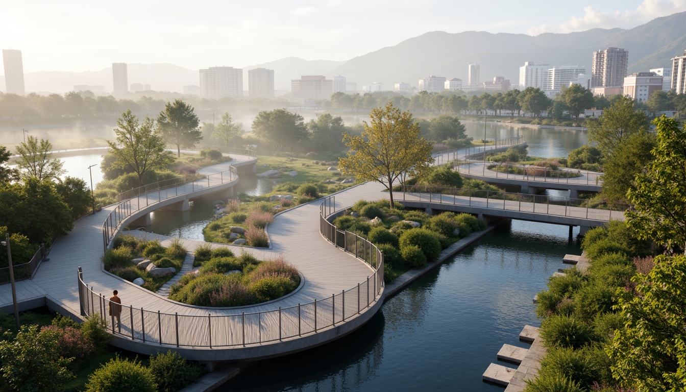 Prompt: Curved pedestrian bridges, sleek modern design, steel structures, wooden decking, green roofs, lush vegetation, natural stone piers, gentle water features, serene urban landscape, vibrant city skyline, morning fog, soft warm lighting, shallow depth of field, 1/1 composition, panoramic view, realistic textures, ambient occlusion.