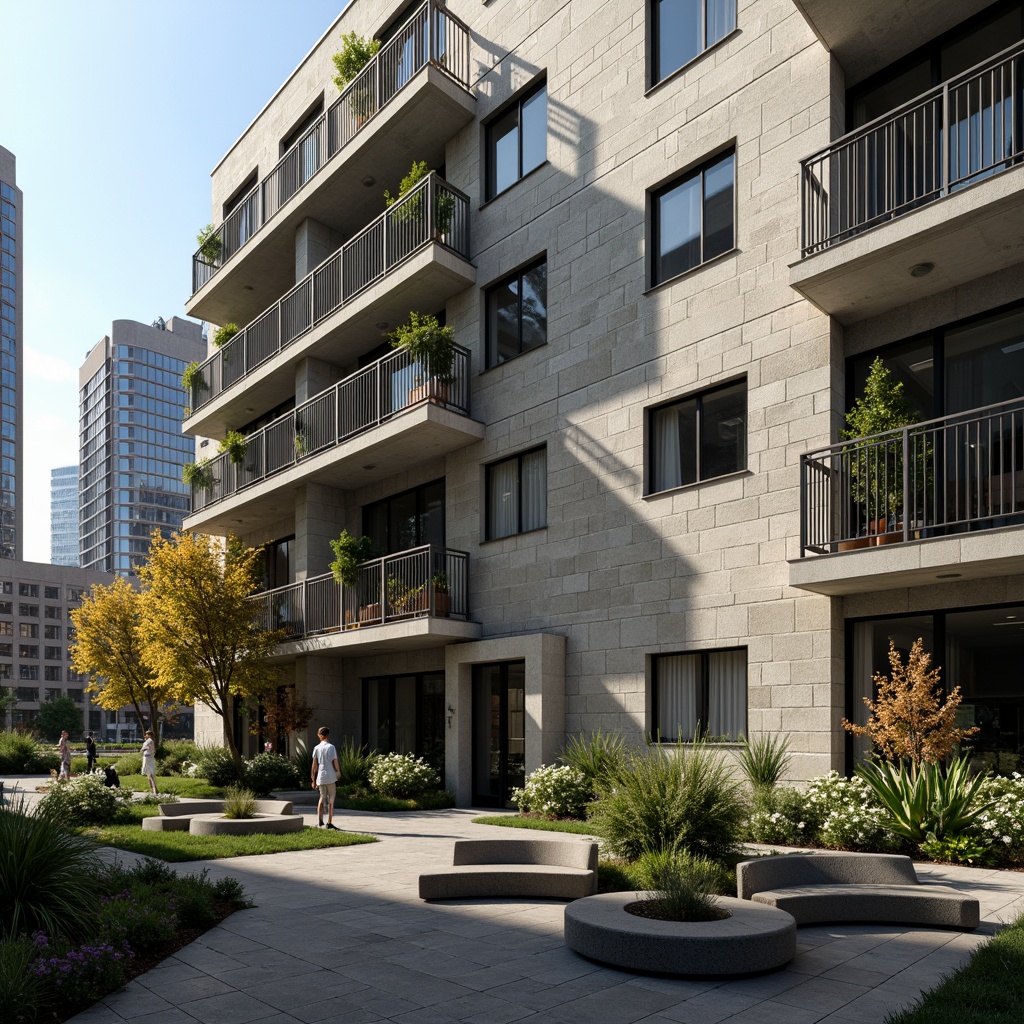 Prompt: Rugged brutalist building facade, raw concrete textures, industrial metal railings, functional outdoor spaces, elevated walkways, cantilevered seating areas, minimalist landscaping, sparse greenery, urban cityscape views, dramatic shadows, harsh overhead lighting, 1/2 composition, low-angle shot, gritty realistic atmosphere.