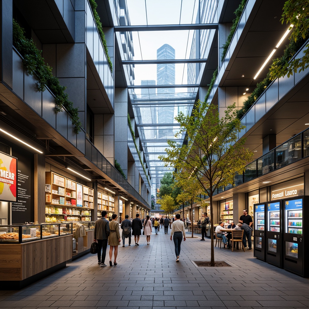 Prompt: Innovative market hall, sleek modern architecture, metallic surfaces, LED lighting, glass roofs, minimalist decor, avant-garde product displays, futuristic vending machines, interactive digital screens, sustainable materials, recycled wood accents, eco-friendly textiles, geometric patterns, urban cityscape, bustling crowd, morning light, shallow depth of field, 1/1 composition, panoramic view, realistic reflections.